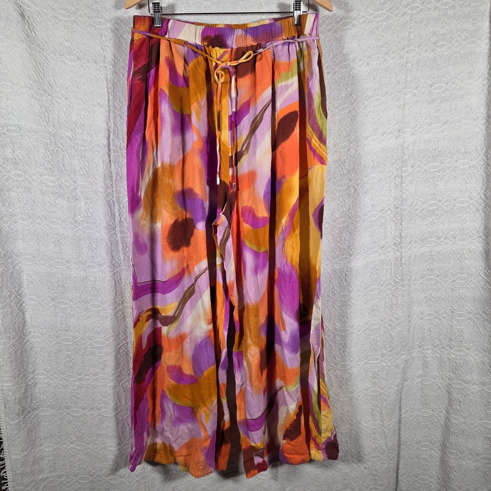 City Chic Womens Abstract Floral Wide Leg Pants Orange Purple Viscose Linen Sz M